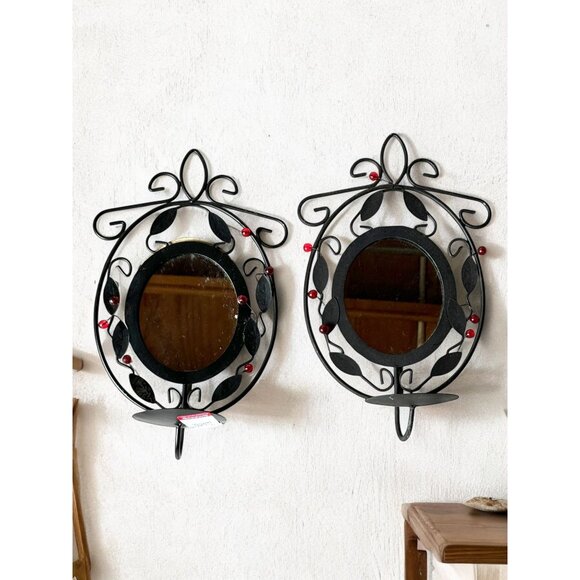Ornate Black Wrought Iron Wall Sconces With Mirror & Candle Holder Set Of 2 - Picture 1 of 7